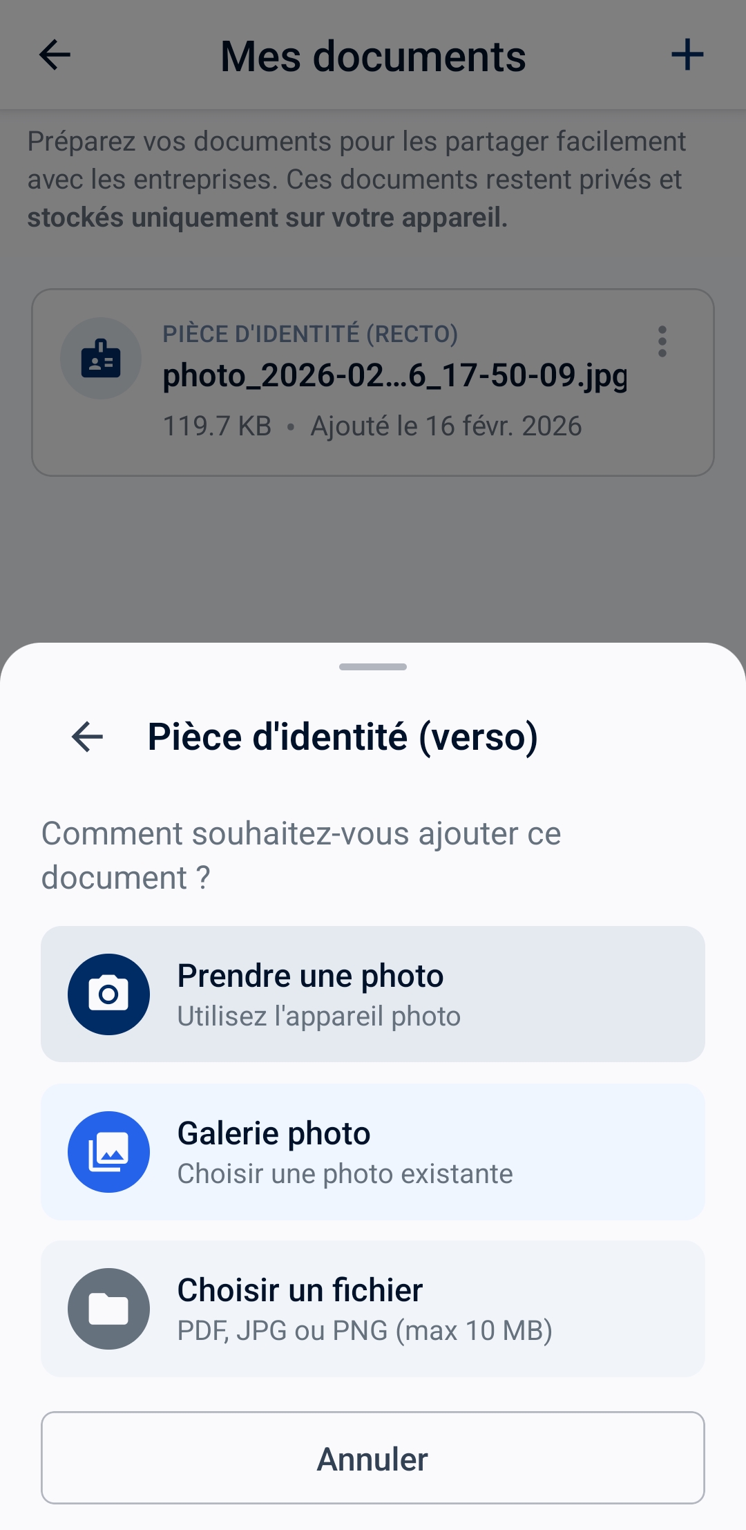 Écran de sélection de la source du document